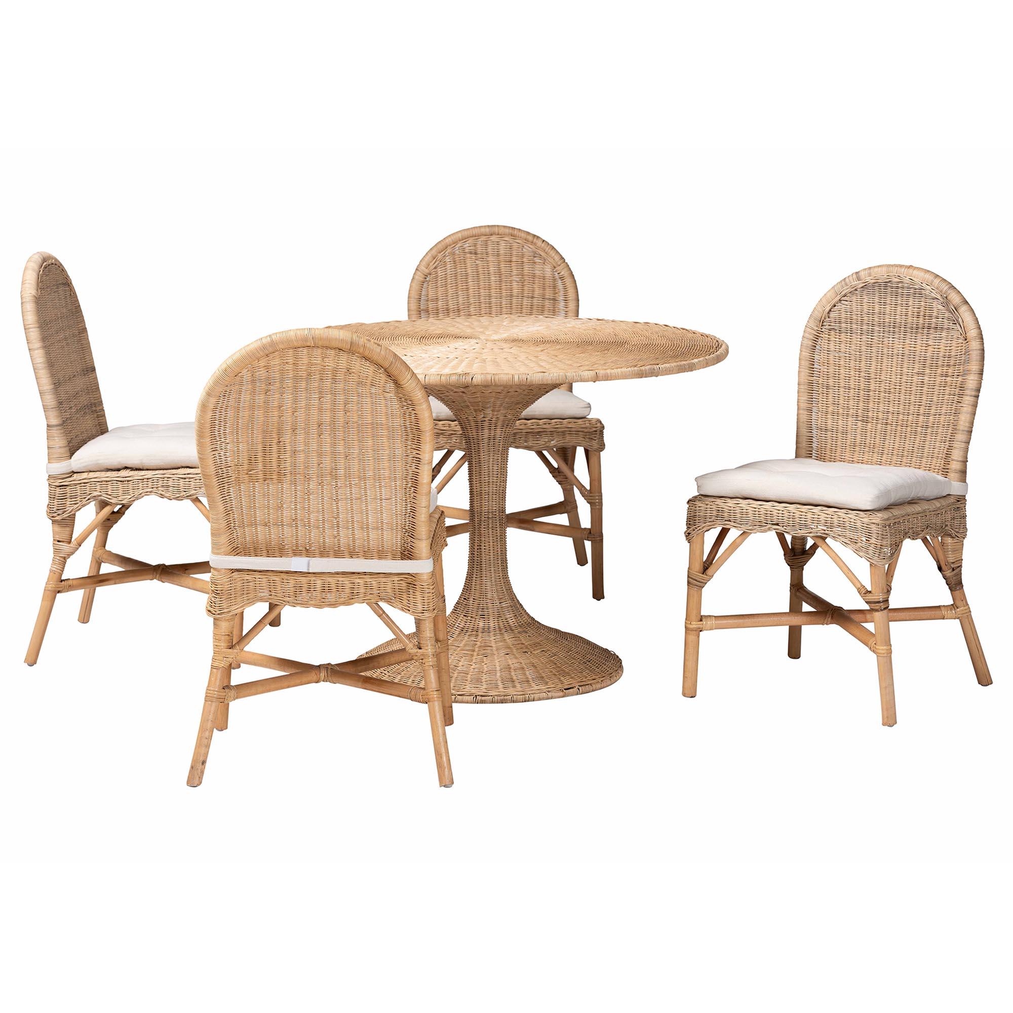 bali & pari Linda 5-Piece Natural Rattan Dining Set - Handwoven Wicker Dining Furniture with Cushioned Seats, Boho Coastal Kitchen or Dining Room Set